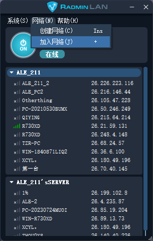 Radmin VPN 列表中主机的虚拟 IP